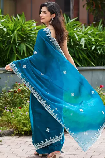 Morpich shimmer chiffon embroidery saree with unstitched blouse piece