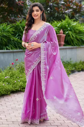 Lavender soft shimmer chiffon embroidery work designer party wear festive saree with unstitched blouse piece