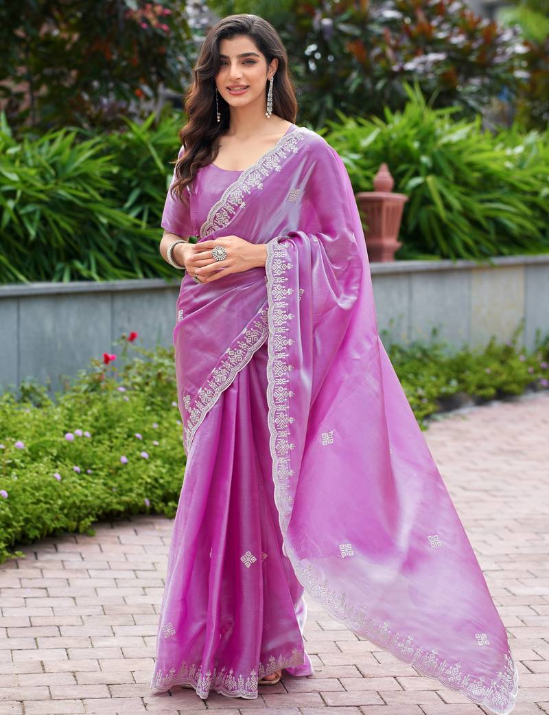 Lavender soft shimmer chiffon embroidery work designer party wear festive saree with unstitched blouse piece