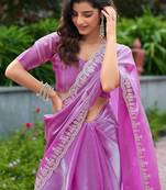 Lavender shimmer chiffon embroidery saree with unstitched blouse piece