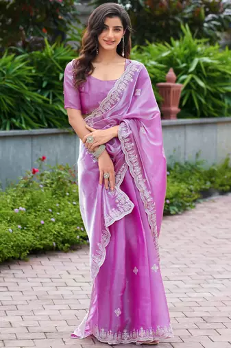 Lavender shimmer chiffon embroidery saree with unstitched blouse piece