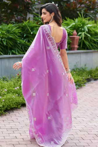 Lavender shimmer chiffon embroidery saree with unstitched blouse piece