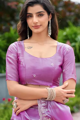 Lavender shimmer chiffon embroidery saree with unstitched blouse piece