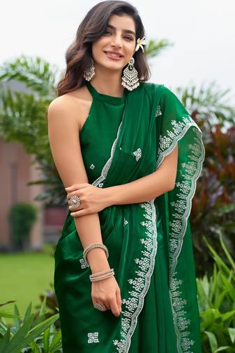 Green soft shimmer chiffon embroidery work designer party wear festive saree with unstitched blouse piece