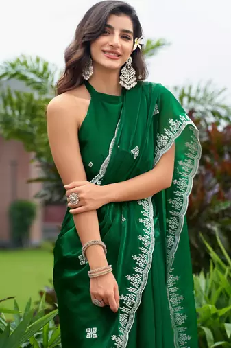 Green soft shimmer chiffon embroidery work designer party wear festive saree with unstitched blouse piece