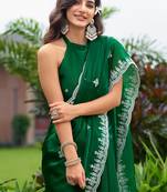 Green shimmer chiffon embroidery saree with unstitched blouse piece