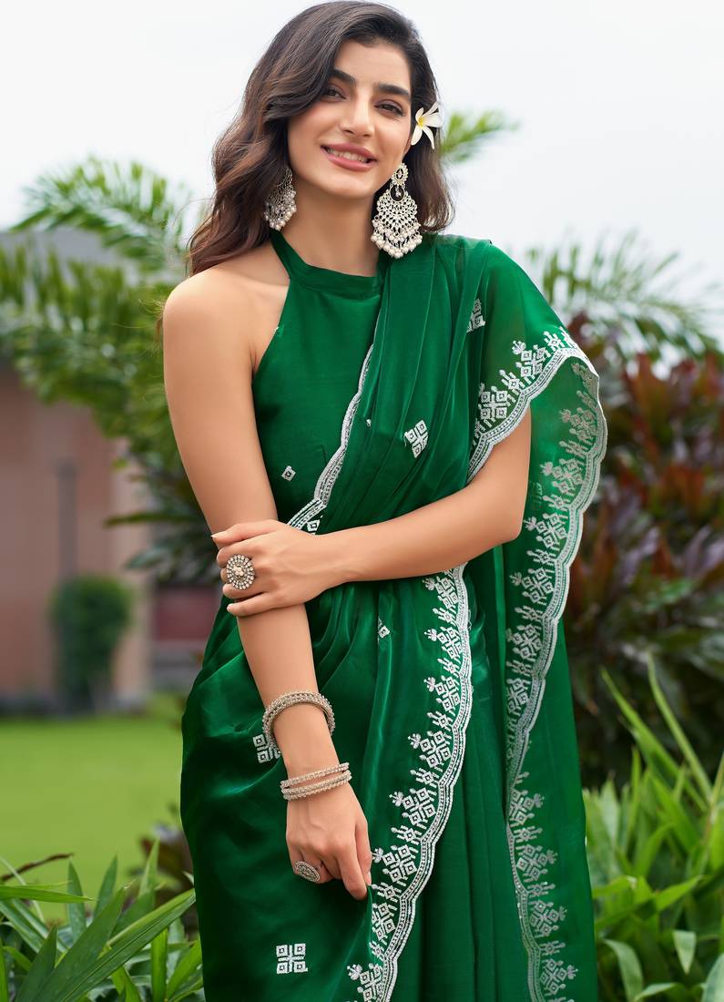 Green soft shimmer chiffon embroidery work designer party wear festive saree with unstitched blouse piece