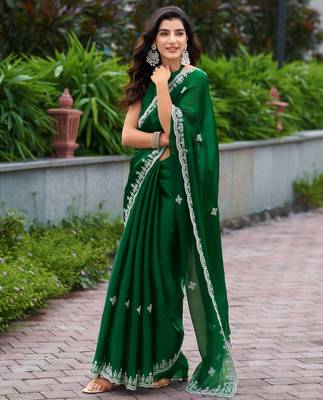 Green shimmer chiffon embroidery saree with unstitched blouse piece 2