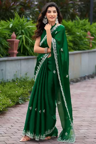 Green shimmer chiffon embroidery saree with unstitched blouse piece