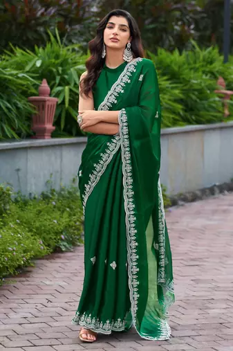 Green shimmer chiffon embroidery saree with unstitched blouse piece
