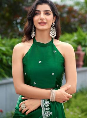 Green shimmer chiffon embroidery saree with unstitched blouse piece 5