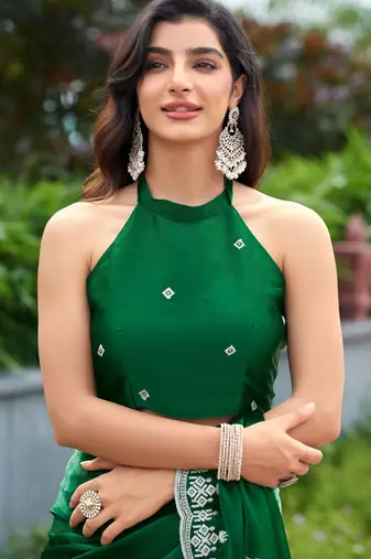 Green shimmer chiffon embroidery saree with unstitched blouse piece
