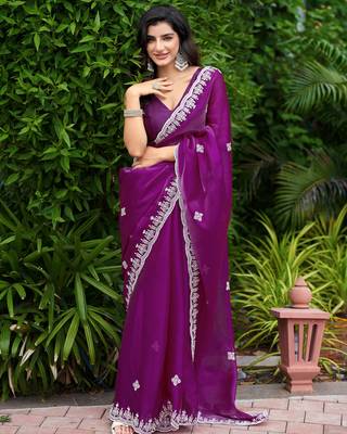Purple shimmer chiffon embroidery saree with unstitched blouse piece 1