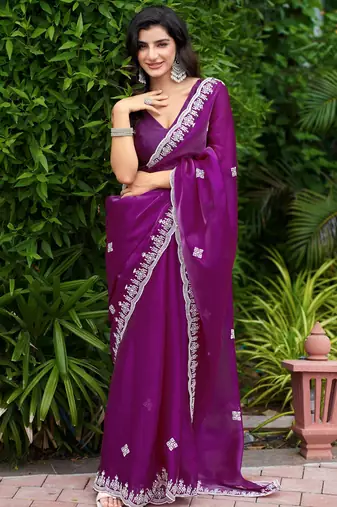 Purple soft shimmer chiffon embroidery work designer party wear festive saree with unstitched blouse piece