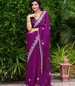 Purple shimmer chiffon embroidery saree with unstitched blouse piece
