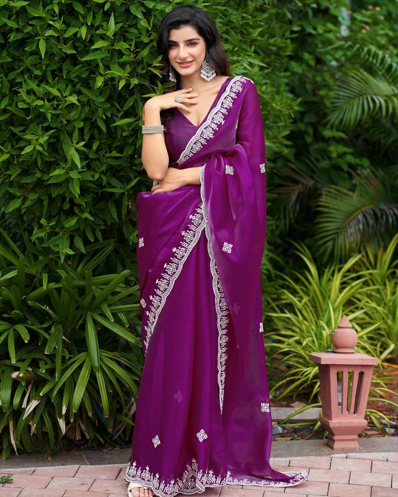 Purple soft shimmer chiffon embroidery work designer party wear festive saree with unstitched blouse piece