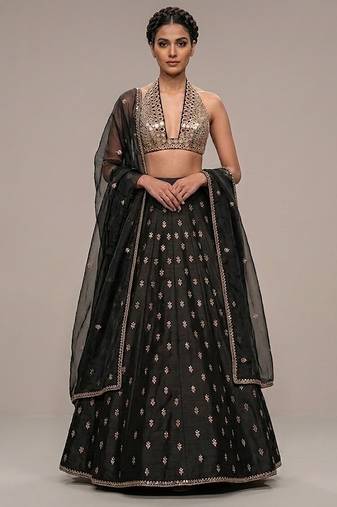 black embroidered raw silk lehenga set