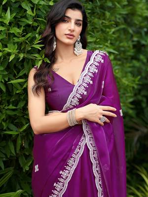 Purple shimmer chiffon embroidery saree with unstitched blouse piece 2