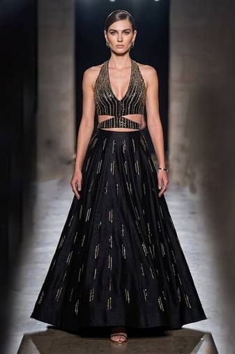 black embroidered raw silk indo western lehenga set