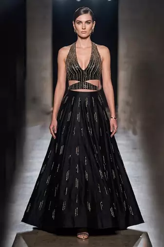 black embroidered raw silk indo western lehenga set