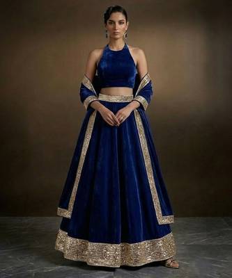 royal blue embroidered velvet lehenga set 1