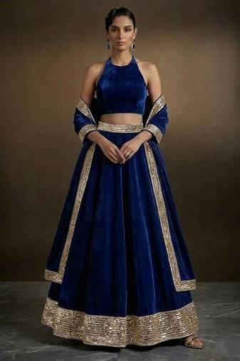royal blue embroidered velvet lehenga set