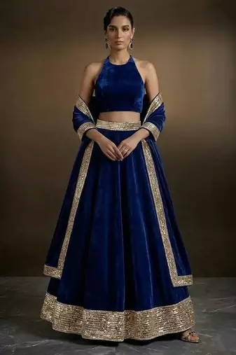royal blue embroidered velvet lehenga set