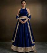 royal blue embroidered velvet lehenga set