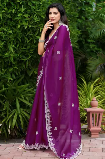 Purple shimmer chiffon embroidery saree with unstitched blouse piece