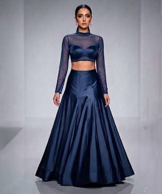 navy blue silk indo western lehenga set 1