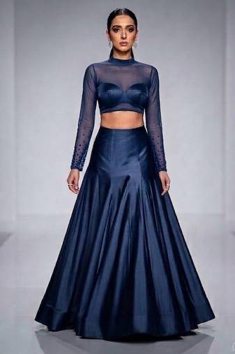 navy blue dupion silk indo western lehenga set