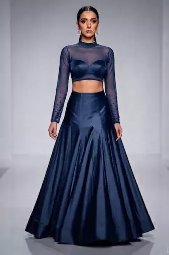 navy blue dupion silk indo western lehenga set