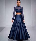 navy blue dupion silk indo western lehenga set