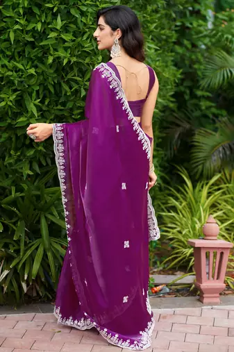 Purple shimmer chiffon embroidery saree with unstitched blouse piece