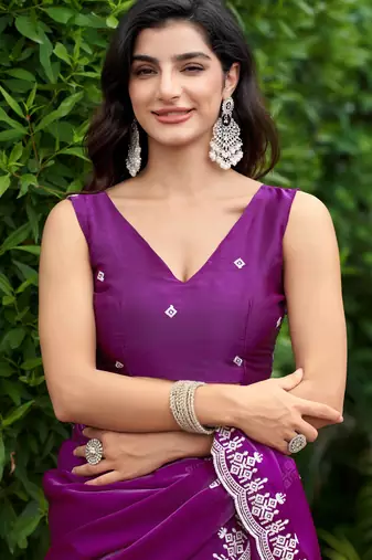 Purple shimmer chiffon embroidery saree with unstitched blouse piece