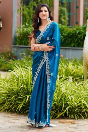 Turquoise soft shimmer chiffon embroidery work designer party wear festive saree with unstitched blouse piece