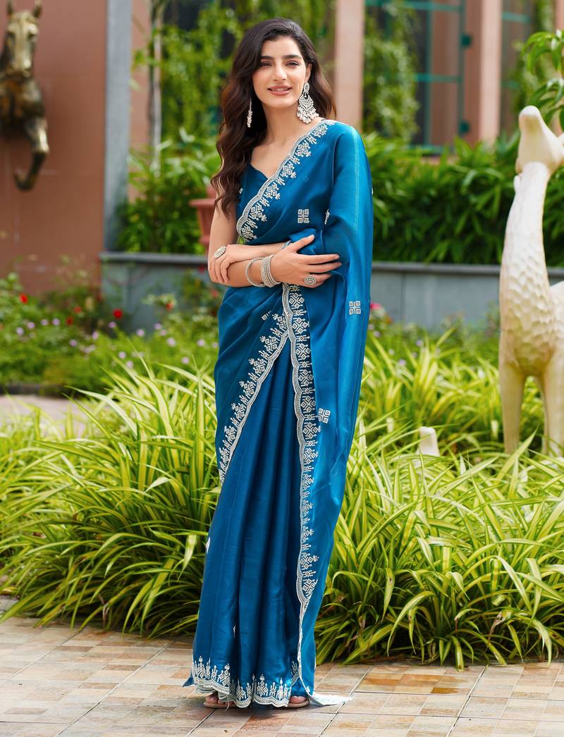 Turquoise soft shimmer chiffon embroidery work designer party wear festive saree with unstitched blouse piece