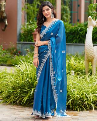 Turquoise shimmer chiffon embroidery saree with unstitched blouse piece 2