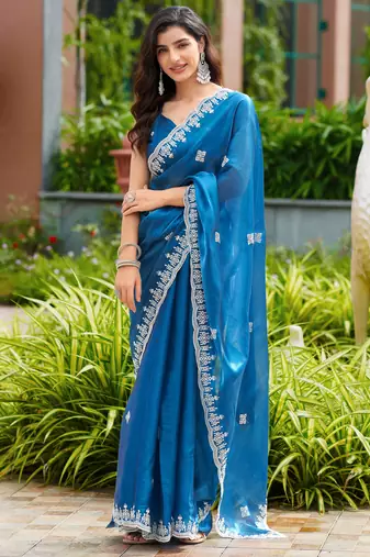 Turquoise shimmer chiffon embroidery saree with unstitched blouse piece