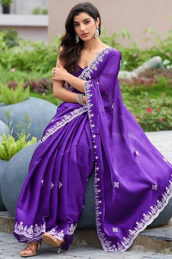 Plum soft shimmer chiffon embroidery work designer party wear festive saree with unstitched blouse piece