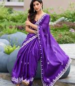 Plum shimmer chiffon embroidery saree with unstitched blouse piece