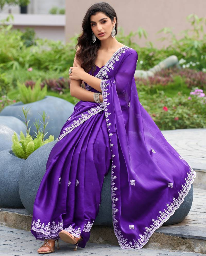 Plum soft shimmer chiffon embroidery work designer party wear festive saree with unstitched blouse piece