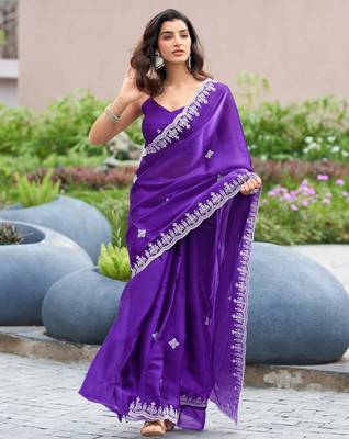 Plum shimmer chiffon embroidery saree with unstitched blouse piece 3