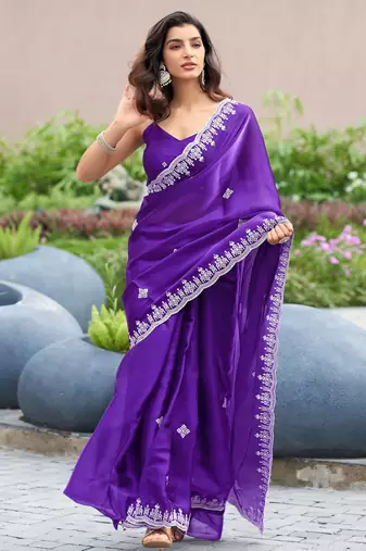 Plum shimmer chiffon embroidery saree with unstitched blouse piece