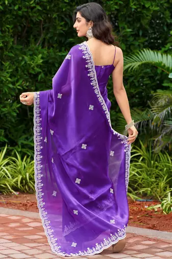 Plum shimmer chiffon embroidery saree with unstitched blouse piece