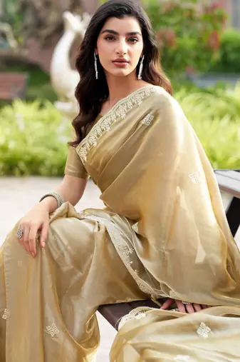 Gold soft shimmer chiffon embroidery work designer party wear festive saree with unstitched blouse piece