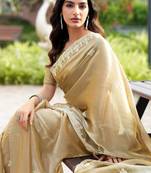 Gold shimmer chiffon embroidery saree with unstitched blouse piece