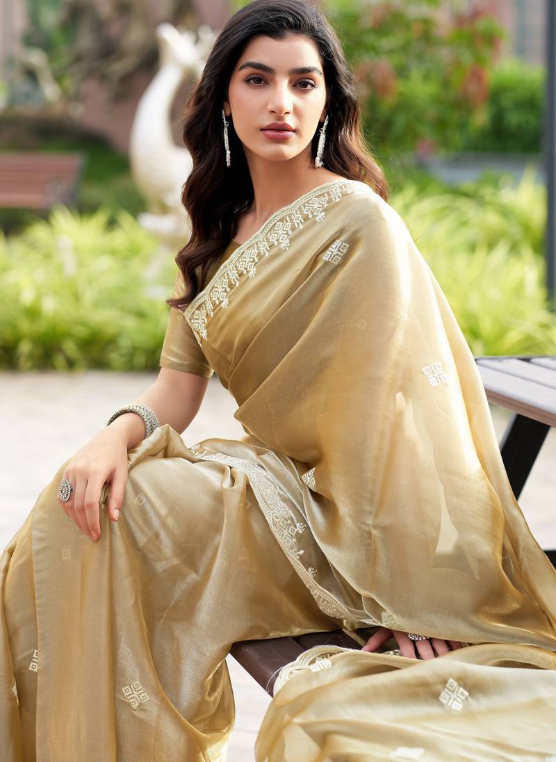 Gold soft shimmer chiffon embroidery work designer party wear festive saree with unstitched blouse piece