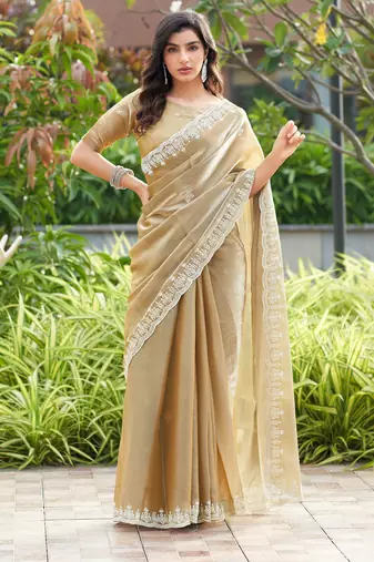 Gold shimmer chiffon embroidery saree with unstitched blouse piece