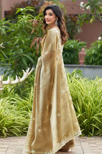 Gold shimmer chiffon embroidery saree with unstitched blouse piece